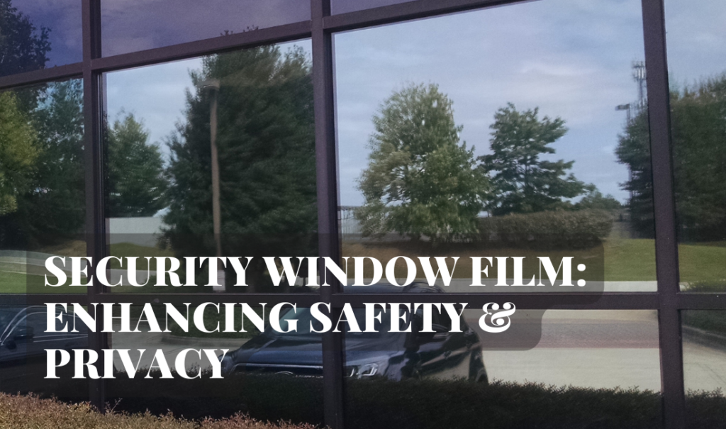 Security window film applied to office windows to enhance safety and privacy, showing reflection of outdoor trees.