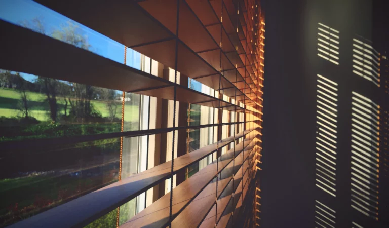 Sunlight casting shadows through windows with blinds with a view of a green landscape outside.