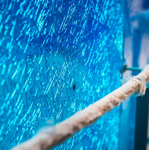 Close-up of a shattered blue glass with a frayed rope in the foreground.